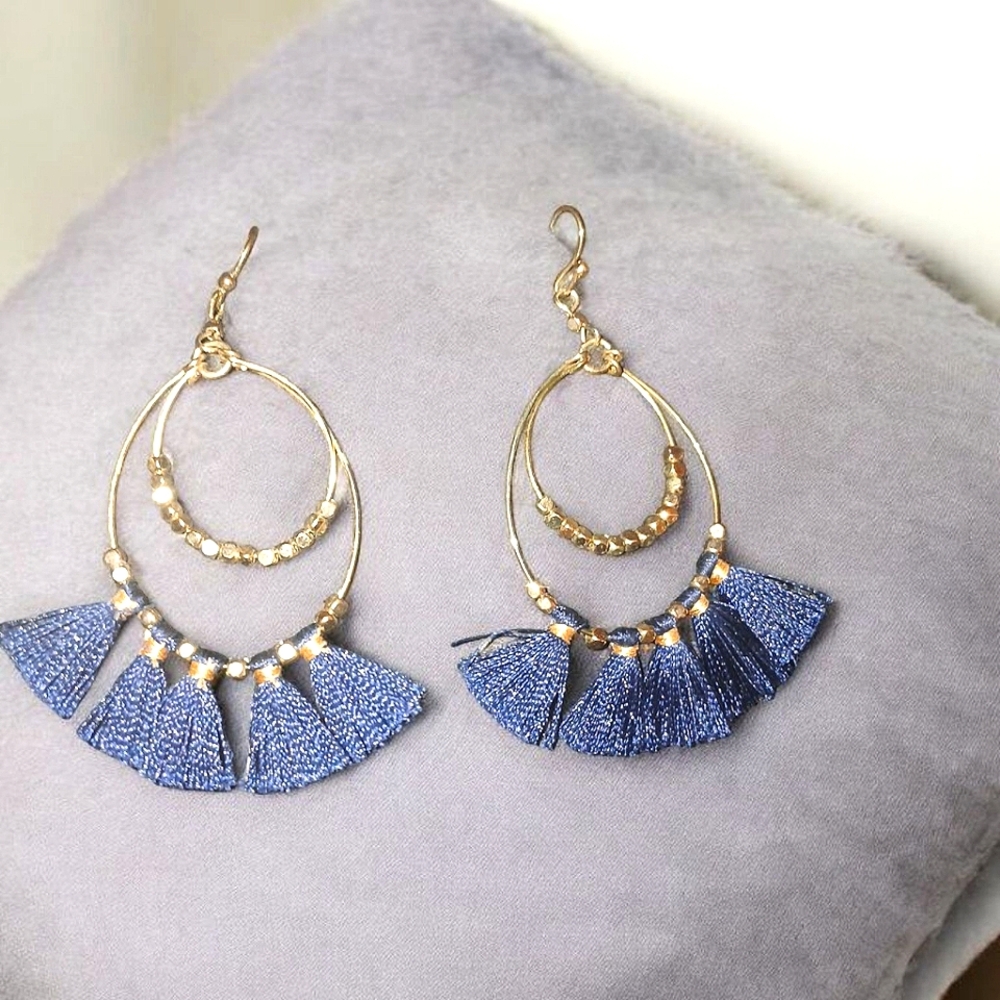 Elegant Gold and Blue Tassel Earrings